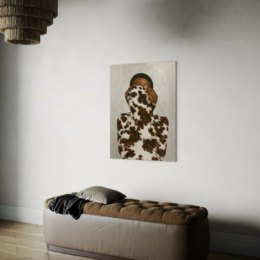 Afrocentric abstract cowhide pattern wall art displayed in a modern interior above a bench, creating a warm and grounded atmosphere.