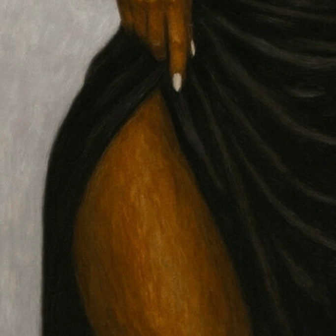 Close-up detail of a fashion-inspired Afrocentric art print of a Black Woman with brown melanin skin wearing a black dress 