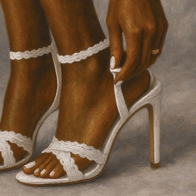 Close-up detail of elegant white heels in black women wall art. 