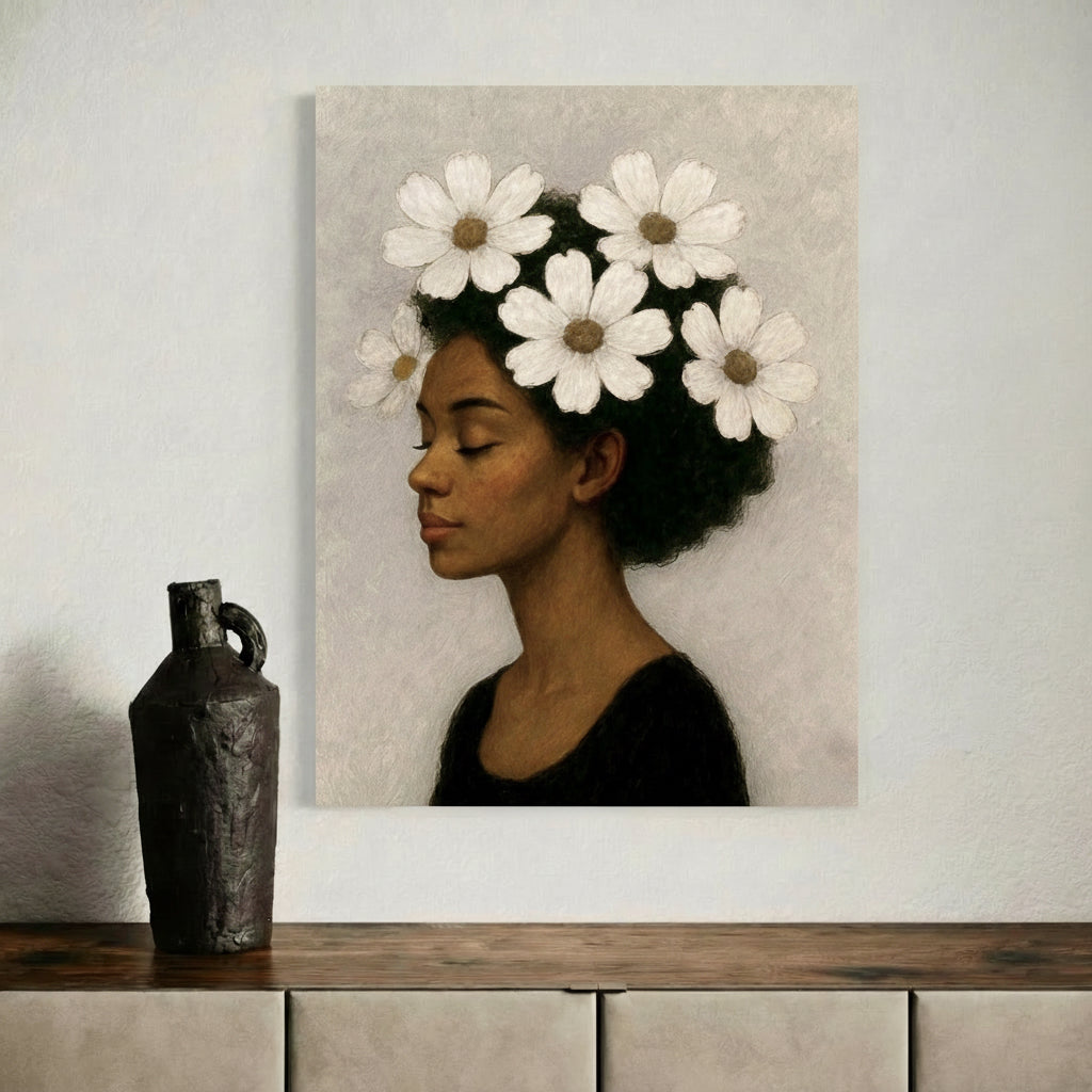 Floral Afrocentric portrait wall art styled in a gallery-style interior, emphasizing softness, balance, and quiet beauty.