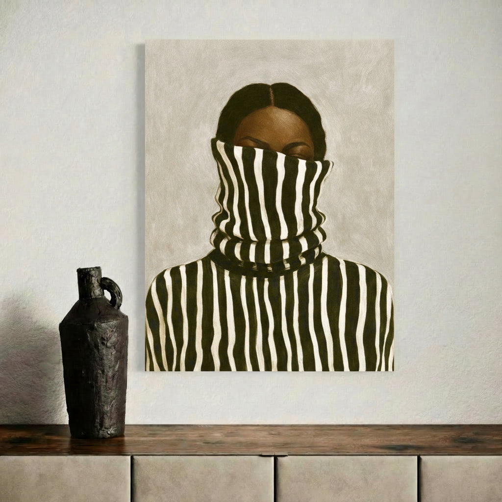 Minimalist black woman wall art poster with striped design displayed on a cabinet
