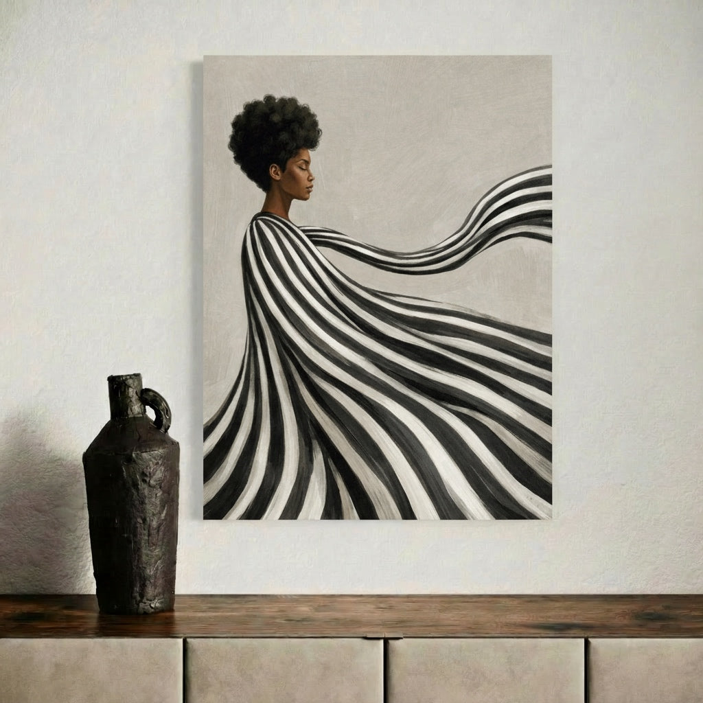 Modern black woman wall art print on a white wall with minimal black and brown home decor