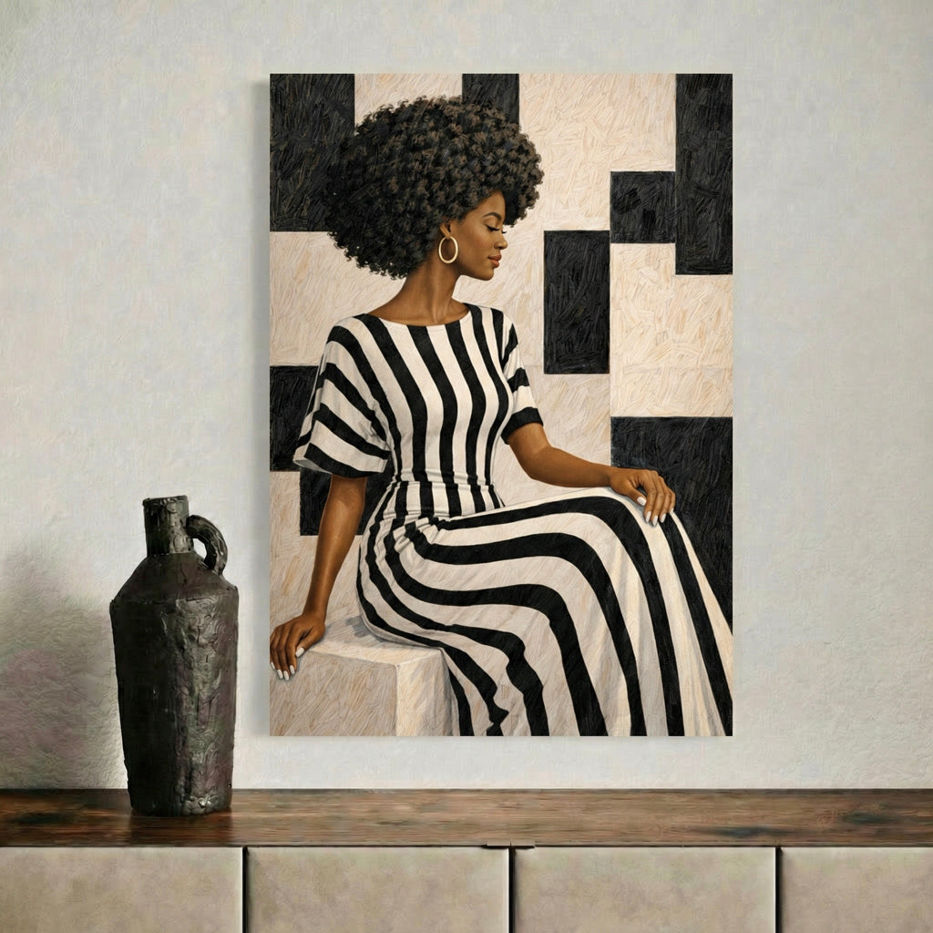 Contemporary wall art print styled in a modern gallery interior, featuring an abstract portrait of a Black woman with graphic striped design.