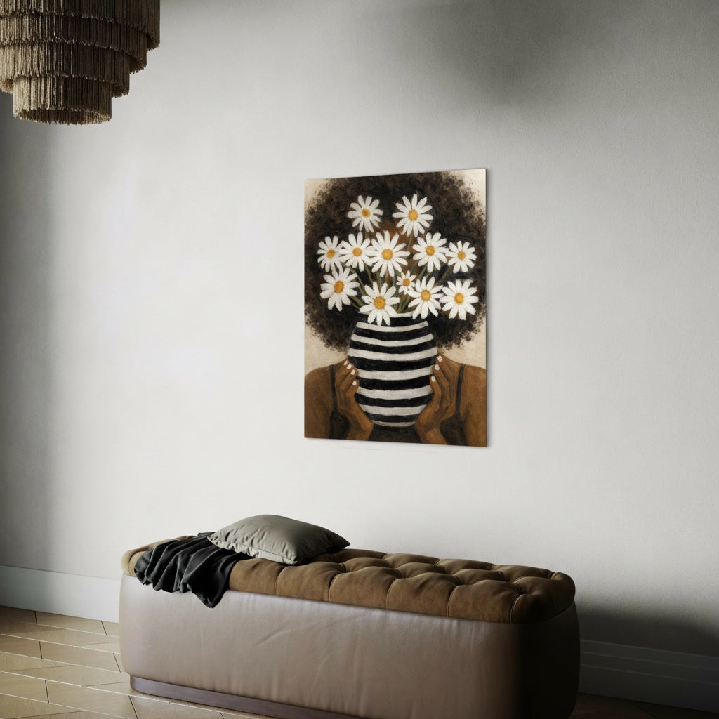 Wall art print featuring a Black woman portrait with white flowers and a striped vase covering her face, blending symbolism and modern figurative art.