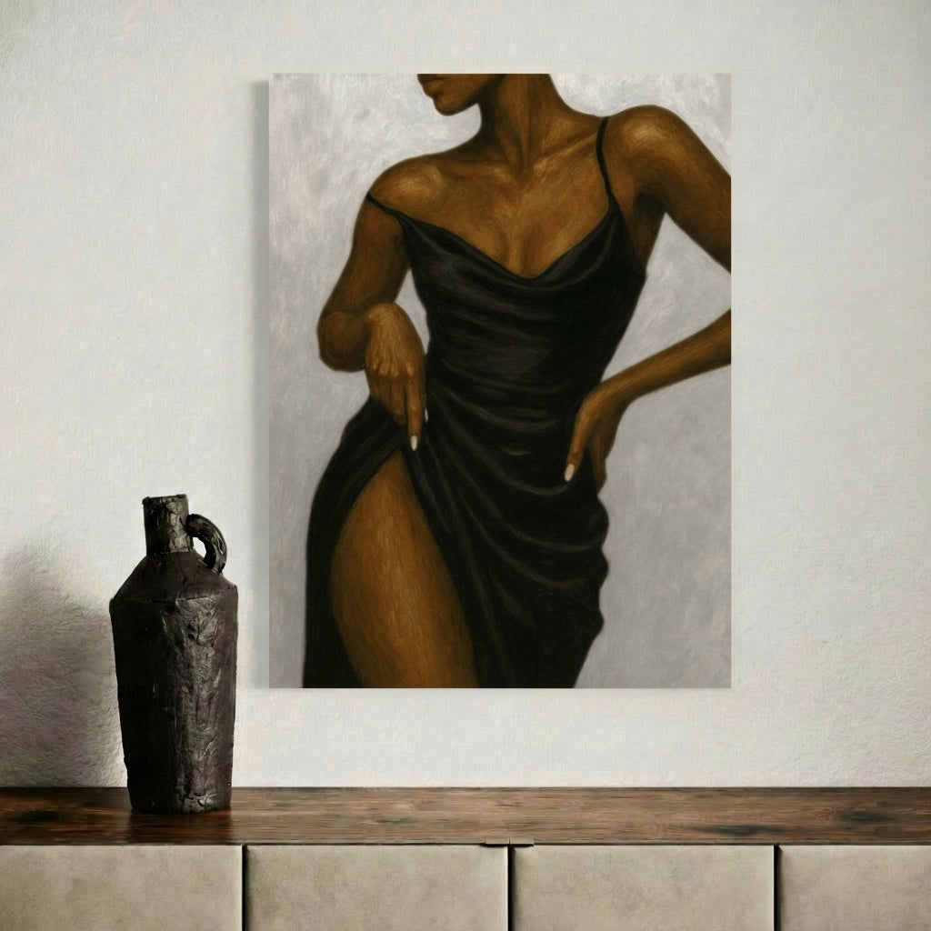 Afrocentric fashion wall art styled in a modern gallery-style interior. Contemporary Black Woman art print in neutral colors