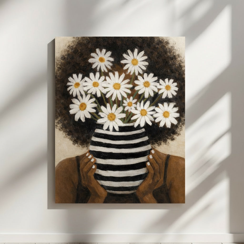Symbolic Afro woman art print of a woman with neutral colors and flowers. 
