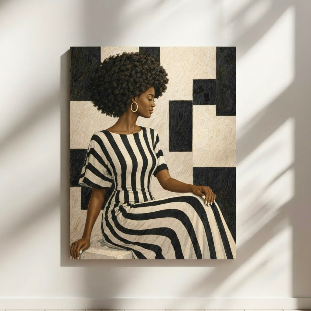 Modern wall art print of a Black woman seated in a flowing black and white striped dress, combining abstract design and contemporary portrait art.