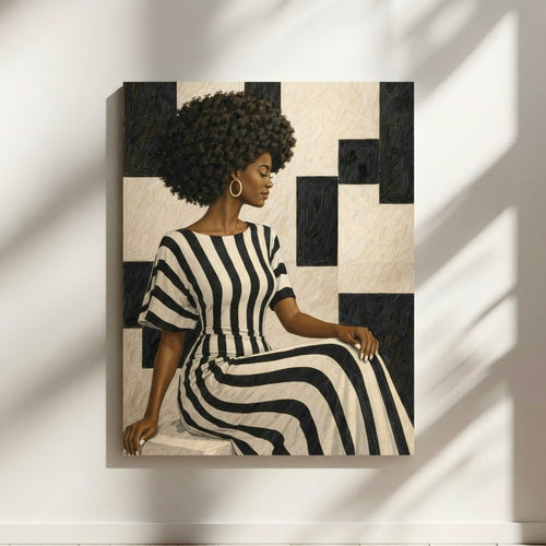 Modern wall art print of a Black woman seated in a flowing black and white striped dress, combining abstract design and contemporary portrait art.