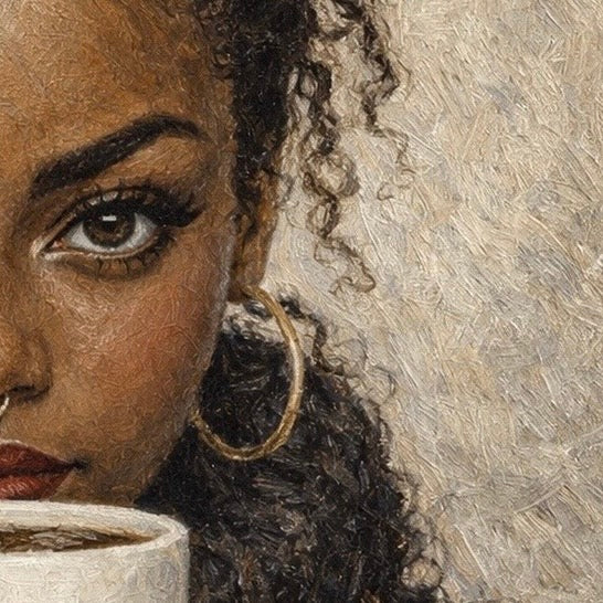 Close-up detail of a portrait painting showing natural curls, eye detail and textured brushwork