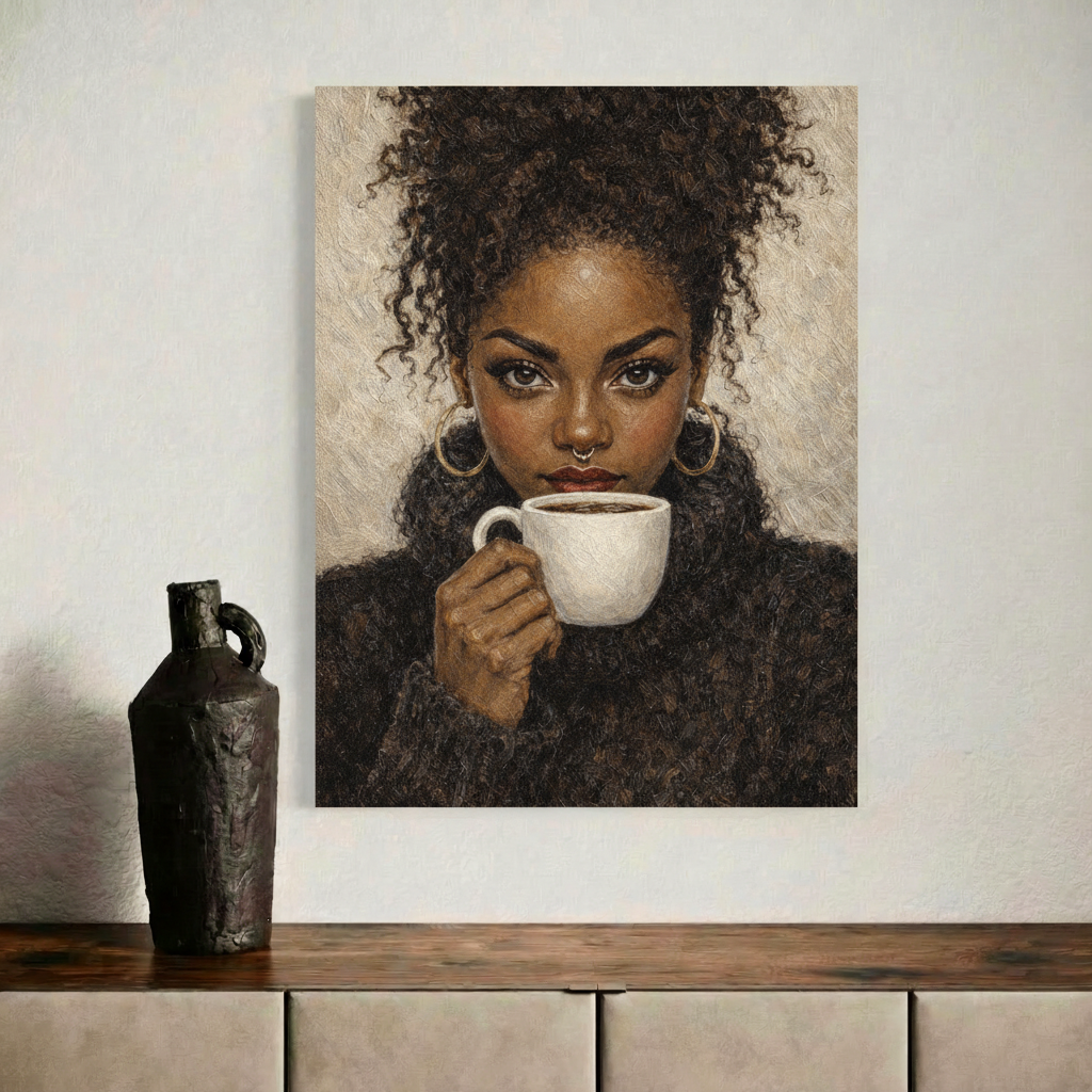 Modern black woman wall art print displayed on a cabinet in a minimalist interior