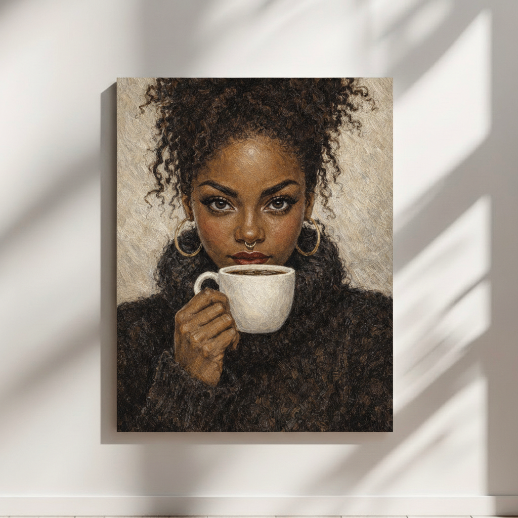 Black woman art print featuring a portrait of a Black woman with natural curls holding a cup