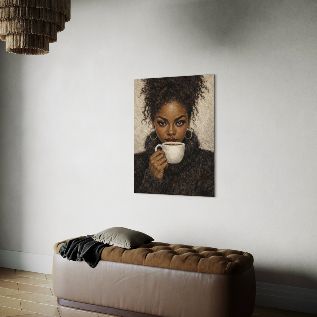 Afrocentric portrait wall art displayed above a bench in a modern living room