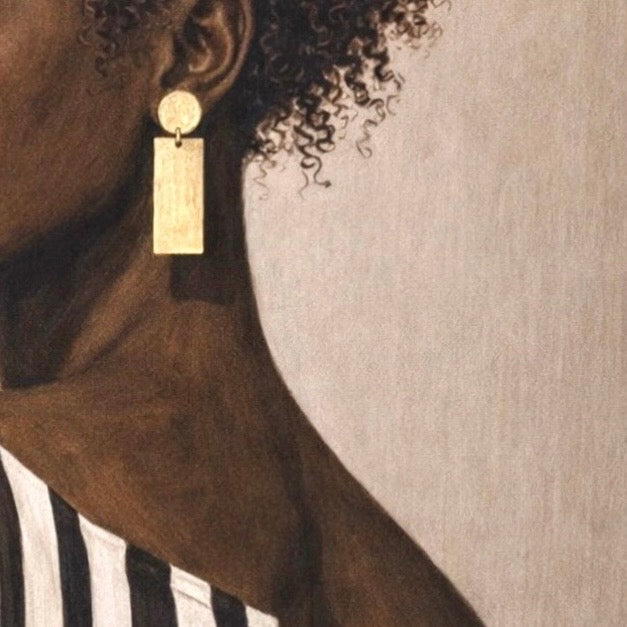 Close-up detail showing natural hair texture, skin tones and statement earrings in a portrait painting