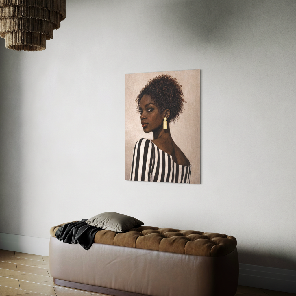 Afrocentric portrait wall art displayed in a modern living room interior