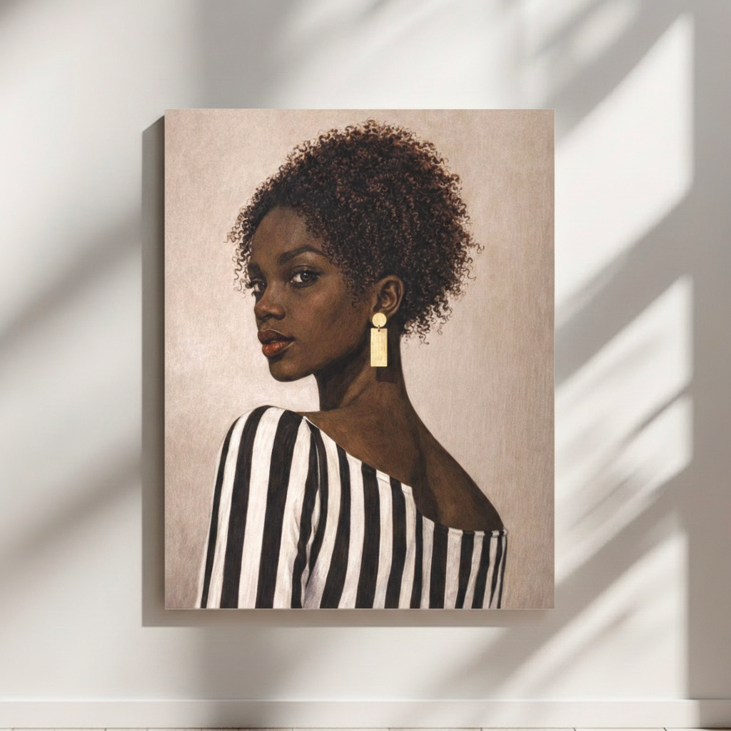 Black woman art print of a modern Afrocentric portrait with natural hair and striped top.