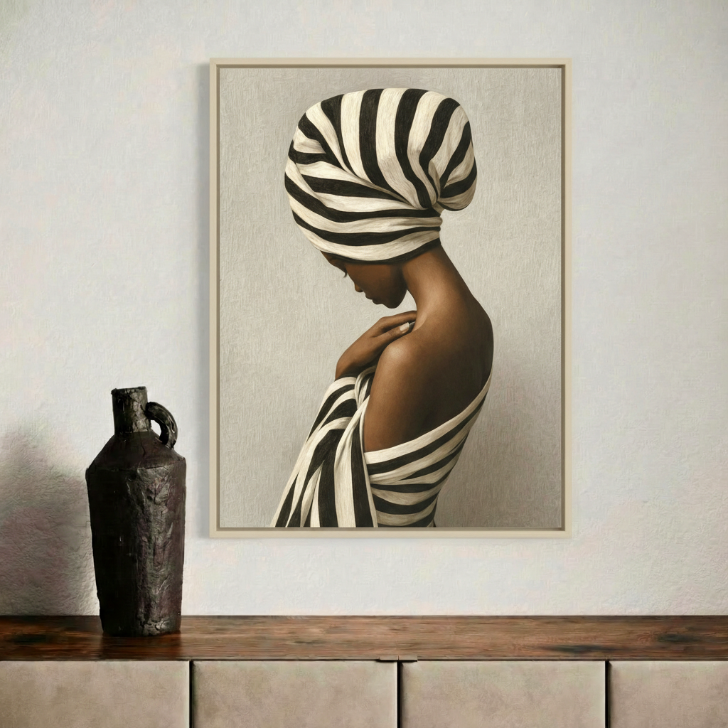 Wrapped figure wall art of a Black woman with zebra stripes displayed above a cabinet with a decorative vase
