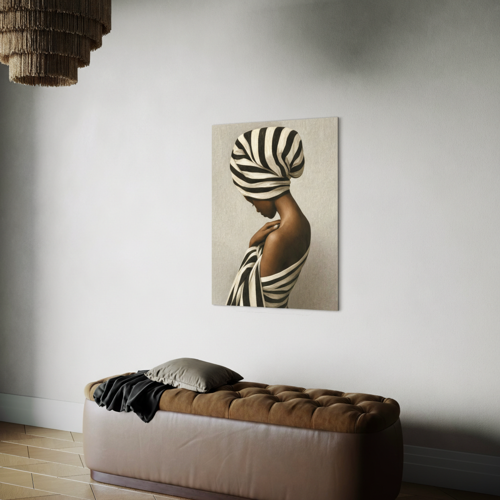 Zebra‑striped wrap wall art featuring a Black woman displayed above a sofa in a modern living room.
