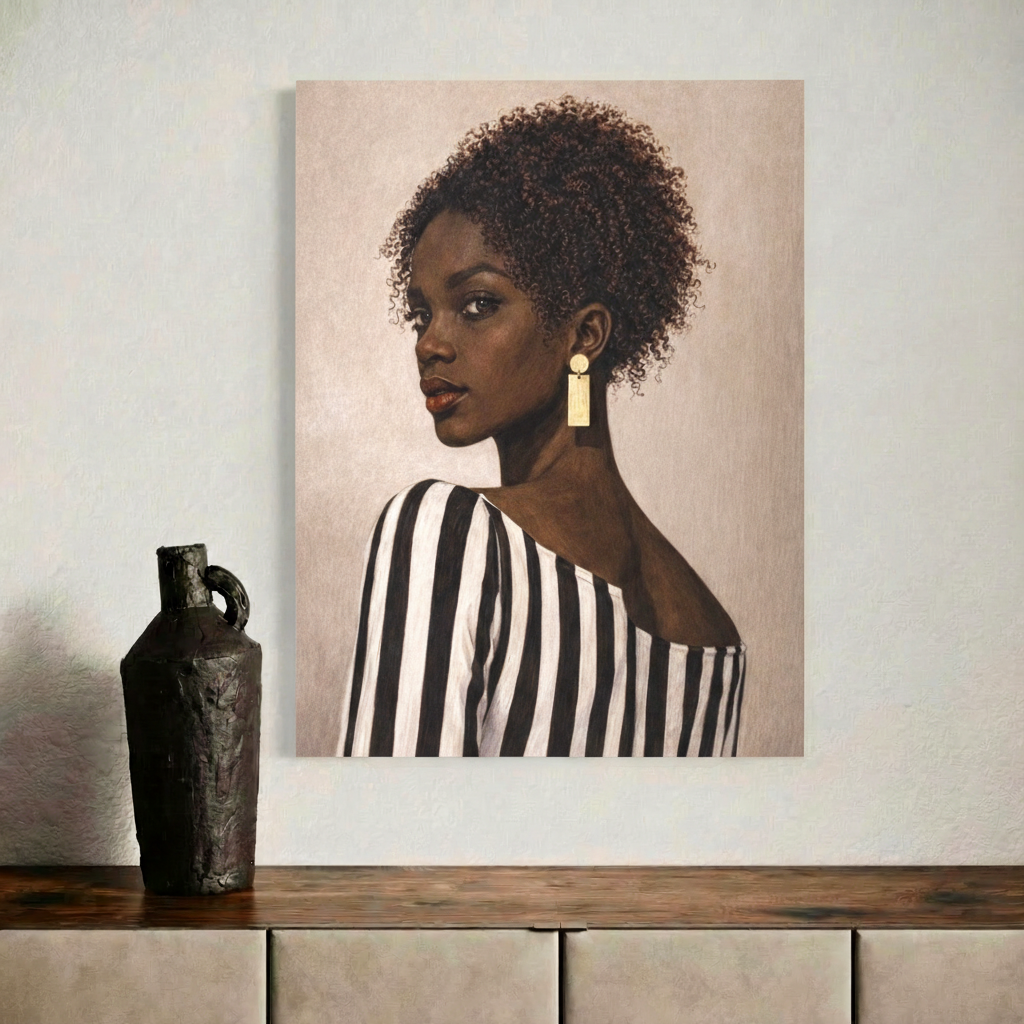 Modern portrait wall art with minimalist black and white styling displayed on a cabinet