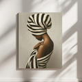 Painting of a Black woman in profile wearing a zebra‑striped wrap covering her head and body against a neutral background.