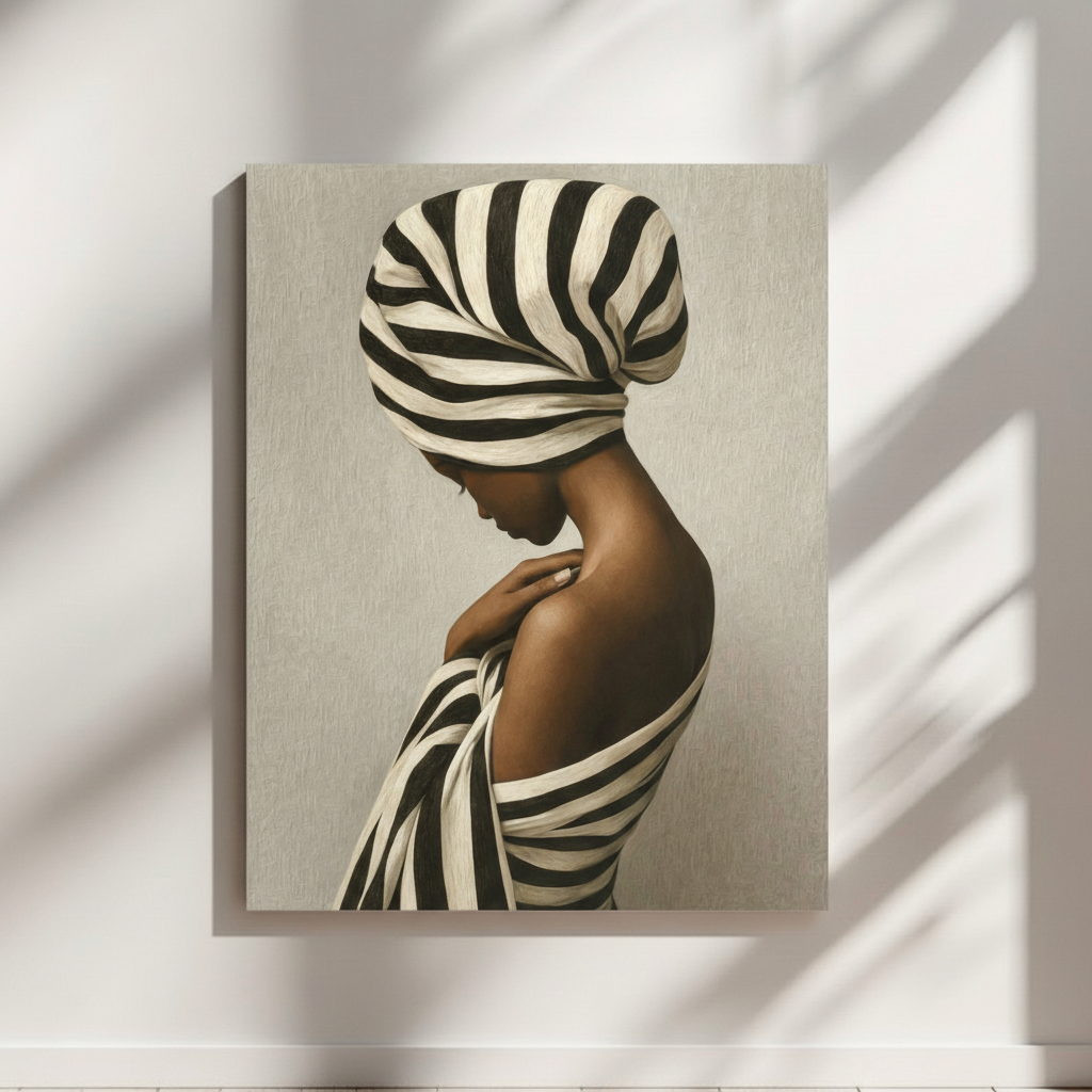 Painting of a Black woman in profile wearing a zebra‑striped wrap covering her head and body against a neutral background.
