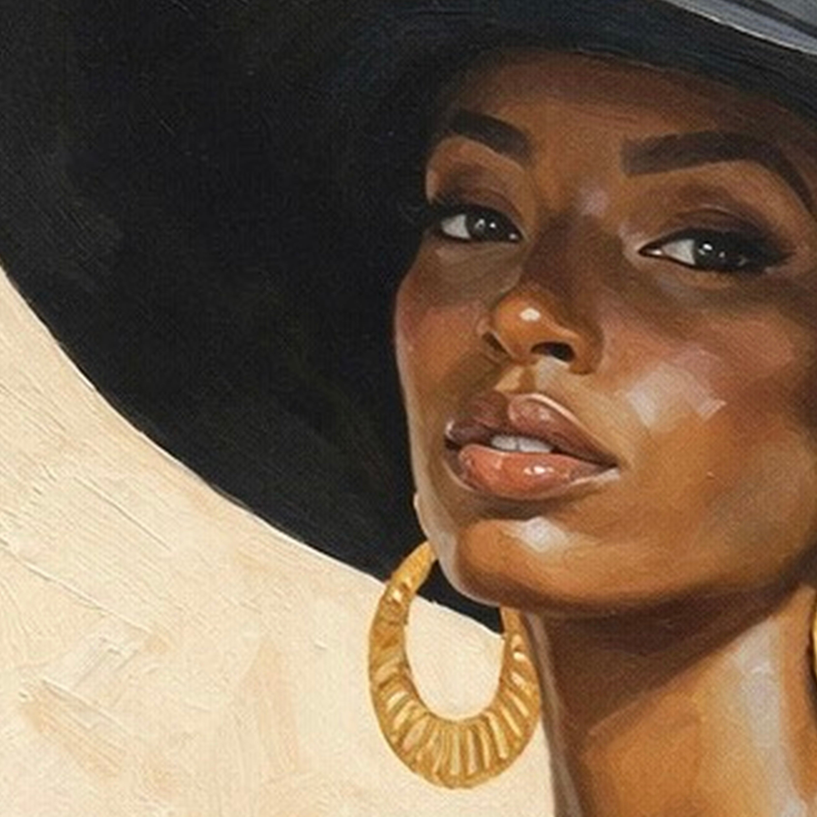 Close-up of a painted Black woman portrait showing facial details, skin tones, and brush texture.