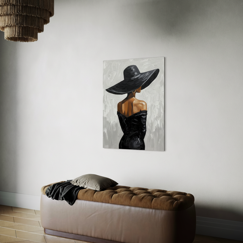 Black woman painting with a black hat displayed in a modern living room setting.