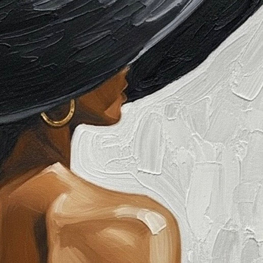 Close‑up of a painting showing textured brush strokes on the shoulder of a Black woman wearing a black hat.