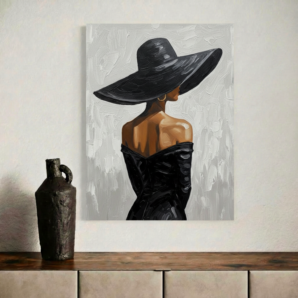 Àfrocentric art print with a black hat displayed above a cabinet with a black vase.
