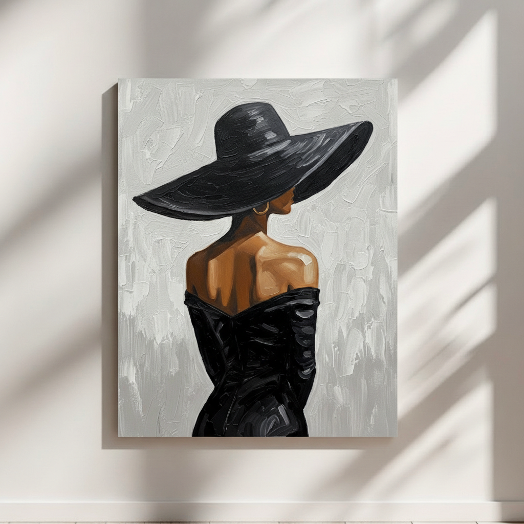 Modern painting of a Black woman wearing a black hat and dress, seen from behind, with textured brush strokes.