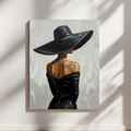 Modern painting of a Black woman wearing a black hat and dress, seen from behind, with textured brush strokes.
