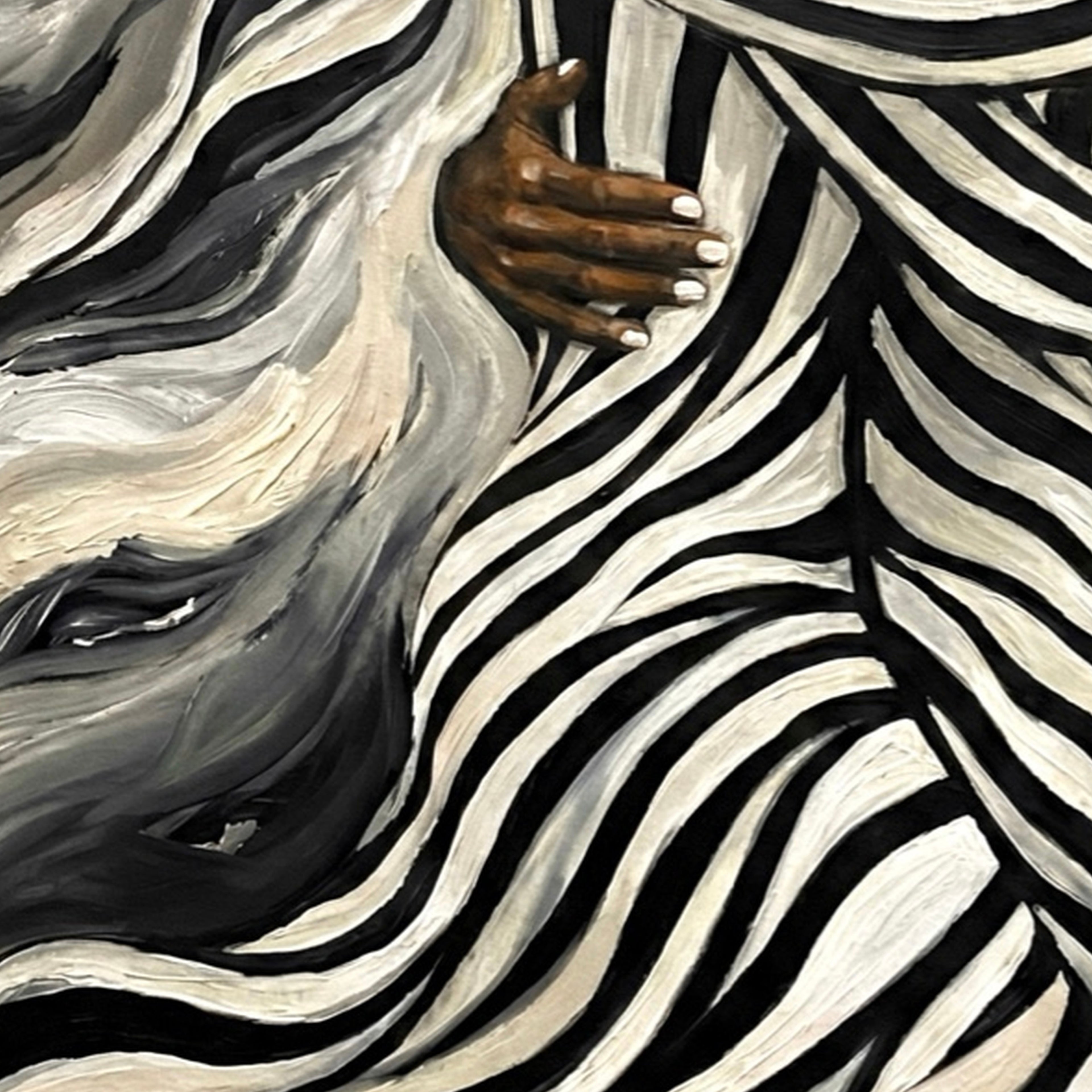 Close-up detail of an Afrocentric symbolic art print with hand-painted texture, flowing black and white lines and two Black Women