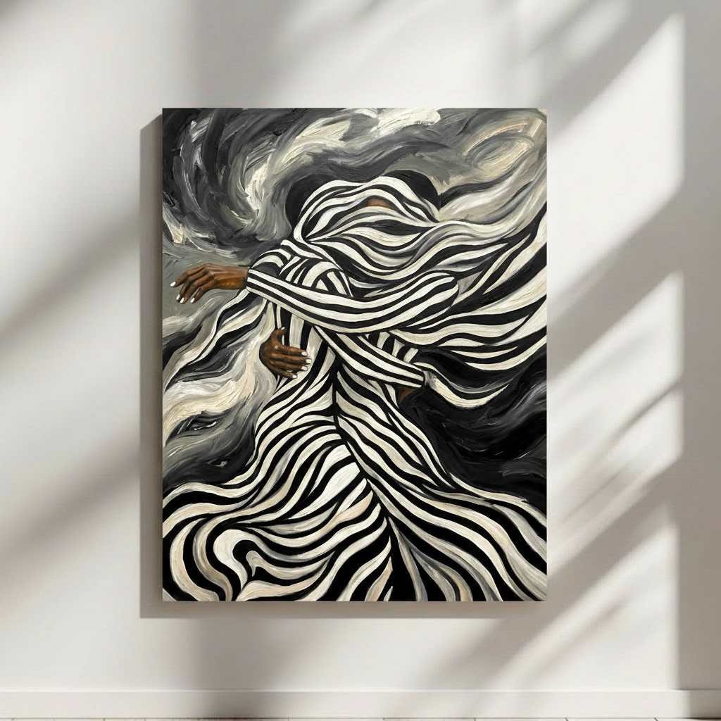 Afrocentric symbolic wall art of two Black Women wrapped in flowing black and white lines
