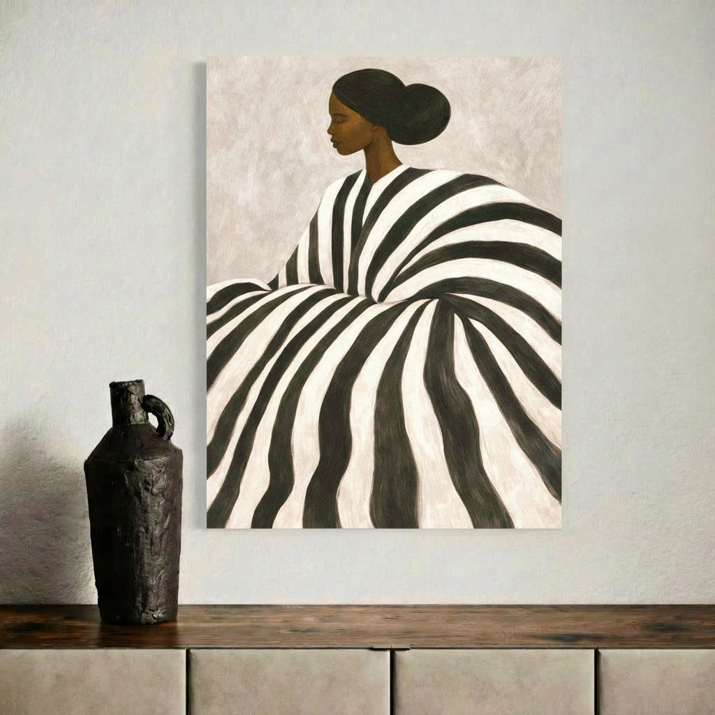 Striped black art print displayed as minimalist wall decor in a calm, modern living space