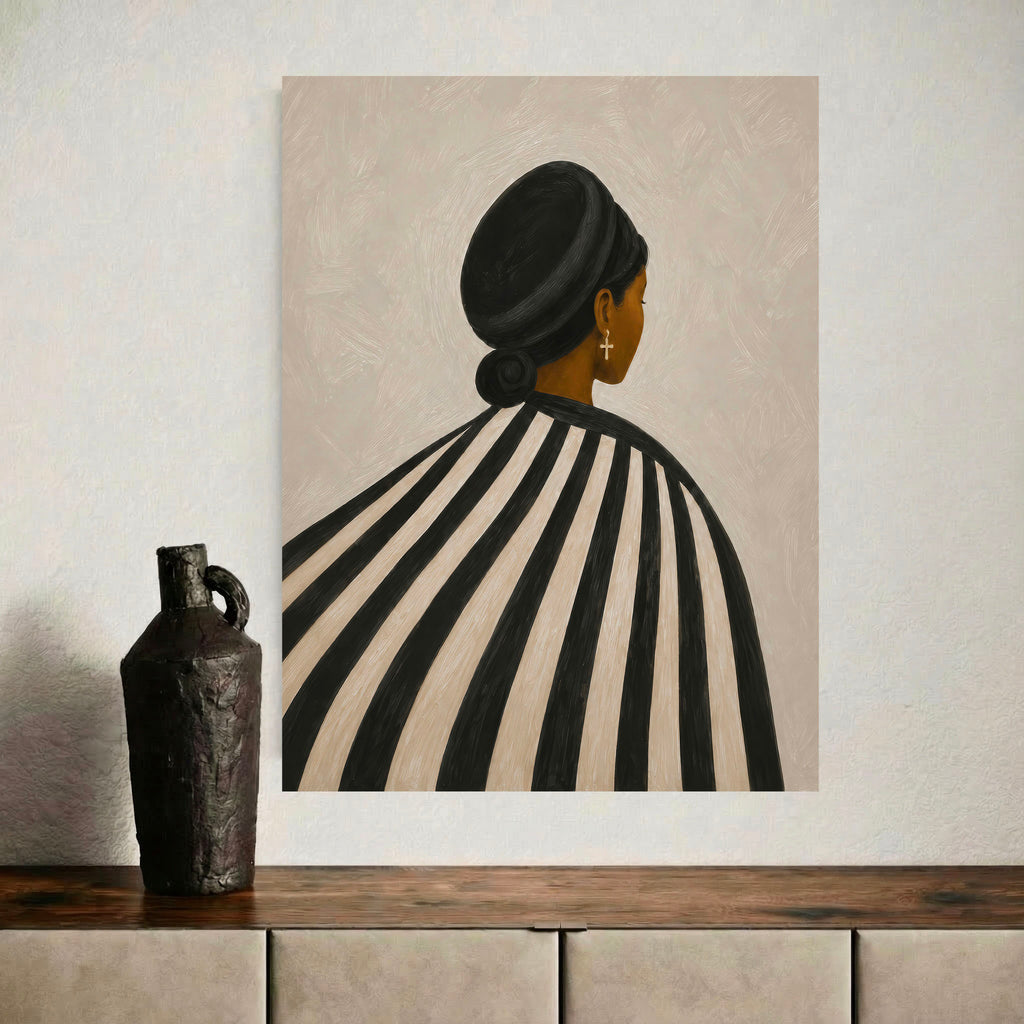 Unframed Afrocentric art print of a Black woman displayed on a minimalist wooden shelf