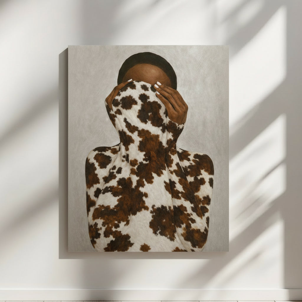 Afrocentric art poster featuring a Black woman with cowhide veil, contemporary Black wall art print. 