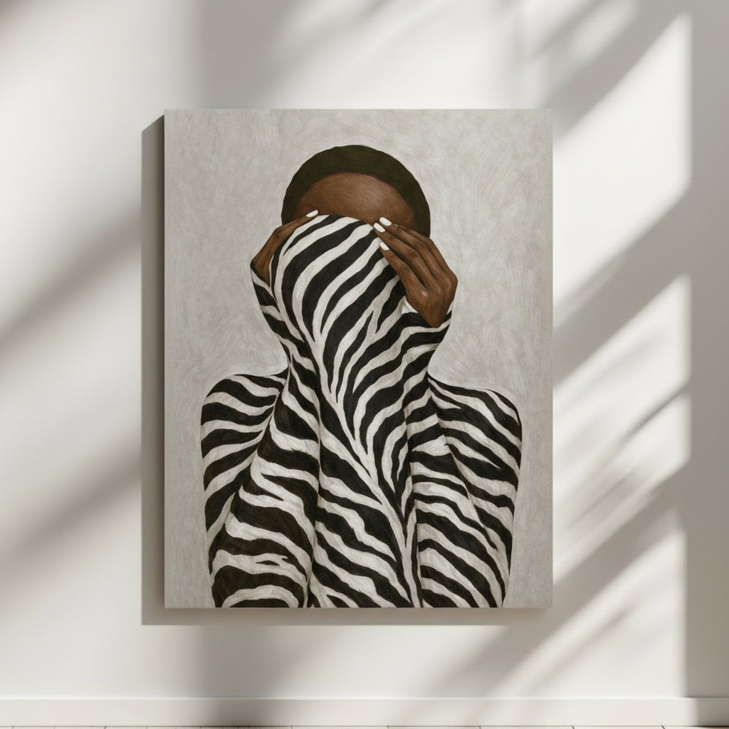 Afrocentric abstract portrait wall art depicting a Black figure veiled in zebra-inspired stripes, symbolizing instinct, concealment, and quiet strength.