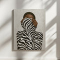 Afrocentric abstract portrait wall art depicting a Black figure veiled in zebra-inspired stripes, symbolizing instinct, concealment, and quiet strength.
