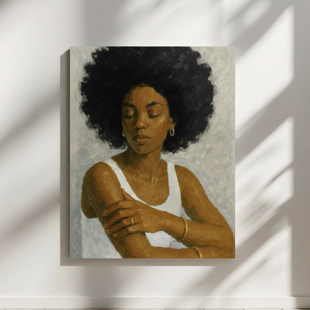 Painting of a Black woman with a natural afro and white tank top, arms crossed over her chest against a neutral background.