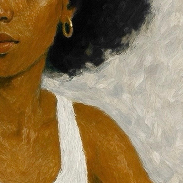 Close‑up of a woman’s shoulder, neck and afro hair in a portrait painting, showing the texture of her skin and white tank top.