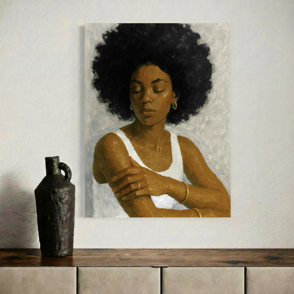Black woman portrait art print with afro hair displayed on a shelf next to a decorative vase.
