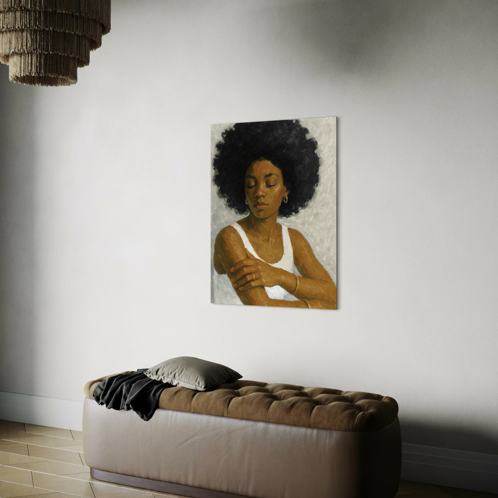Black woman portrait art print displayed above a bench in a modern living room