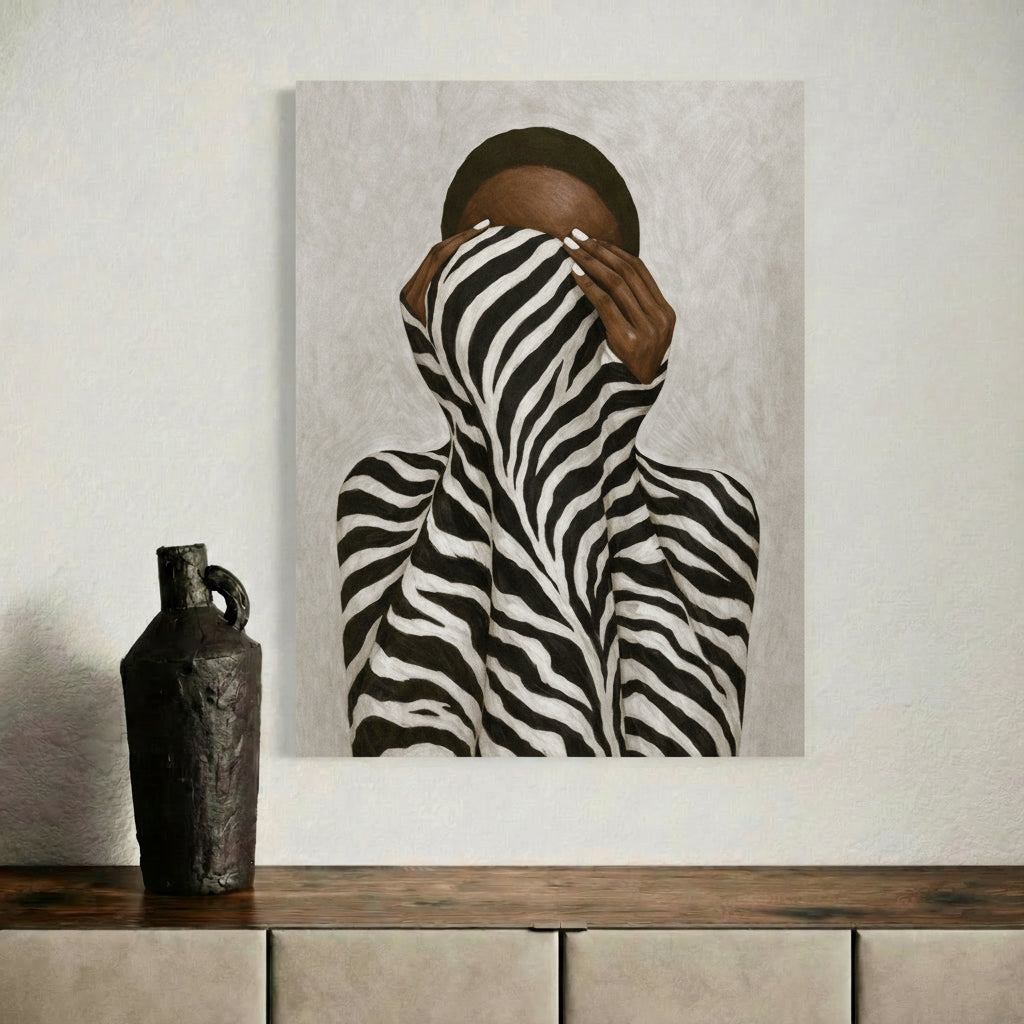 Afrocentric abstract zebra pattern wall art styled in a minimalist gallery interior, emphasizing bold contrast, calm presence, and contemporary Black art.