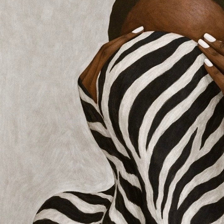 Close-up detail of an Afrocentric abstract artwork showing zebra-inspired striping and hand-painted texture, highlighting rhythm, contrast, and animal symbolism.
