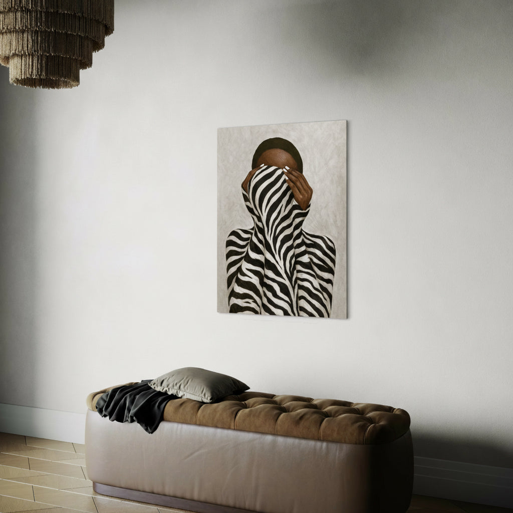 Afrocentric abstract zebra pattern wall art displayed in a modern interior above a bench, creating a bold yet calm visual statement.
